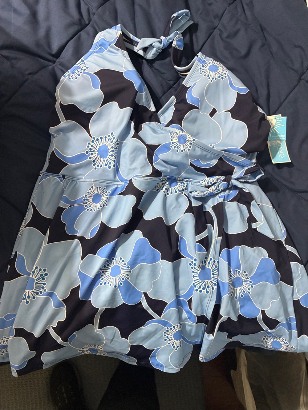 Draper James Navy and Light Blue Floral One-Piece Swimsuit